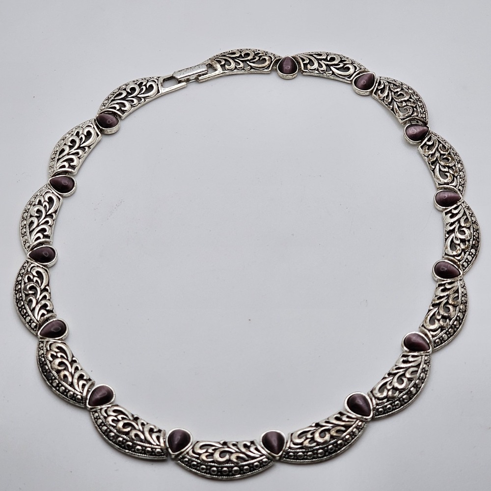 Avon Purple Cat's Eye Charm Silver Tone Filigree Bar Link Choker Necklace 19"